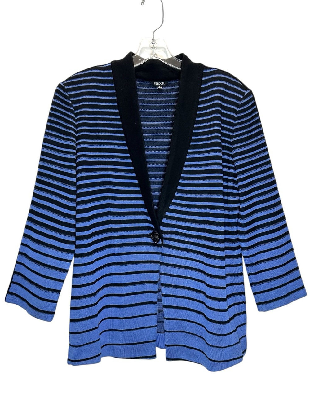 Misook Periwinkle Blue & Black Striped Knit Buttoned Jacket, 3/4 Sleeves - Small